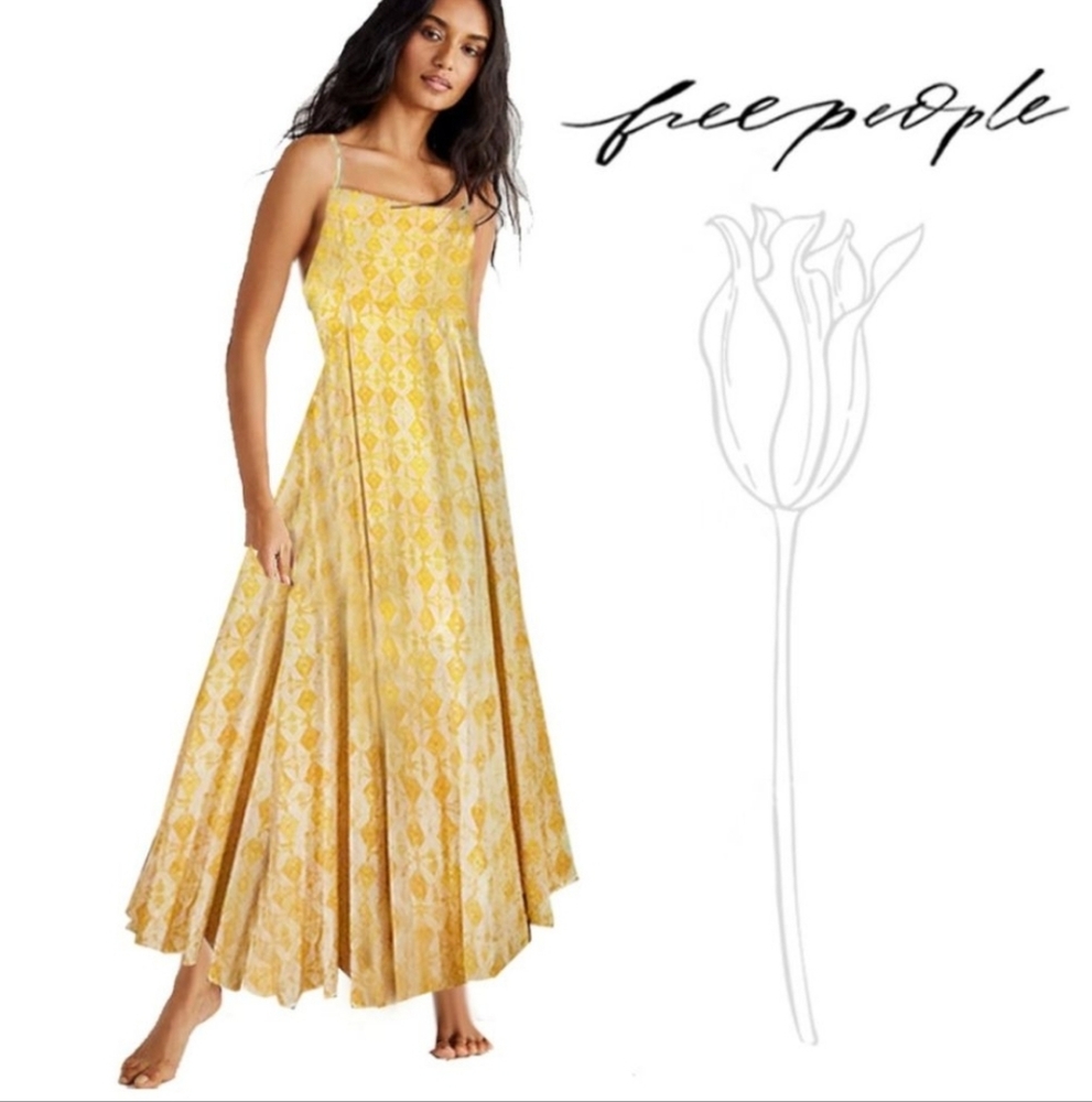 Free People Boho Yellow Diamond Patten‎ High Low Elegant Yellow Maxi Dress.